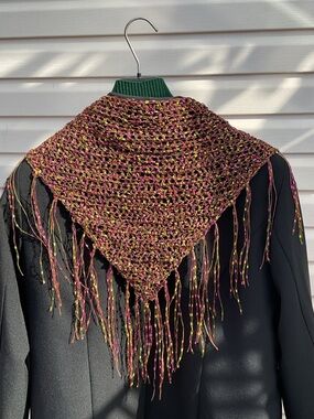 Handmade Crocheted Triangle Fringe Shawl - Multicolor